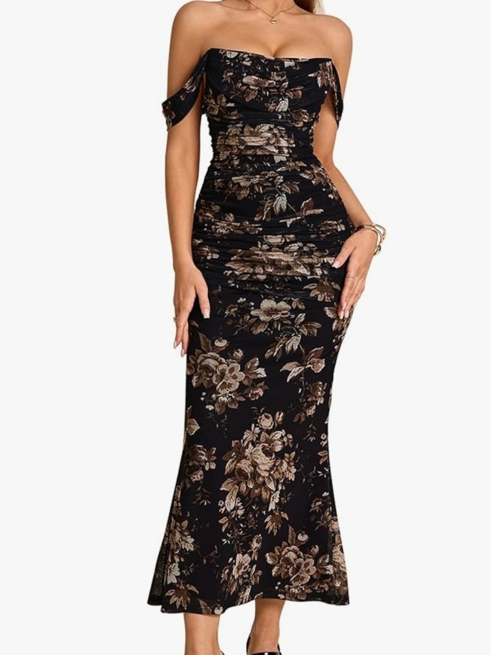 Strapless Black Floral Ruched Maxi Dress